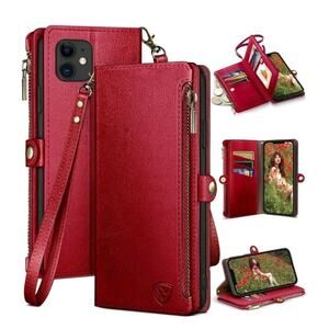 iPhone 12/12 Pro 6.1" Wallet case with Zipper Credit Card Holder Red